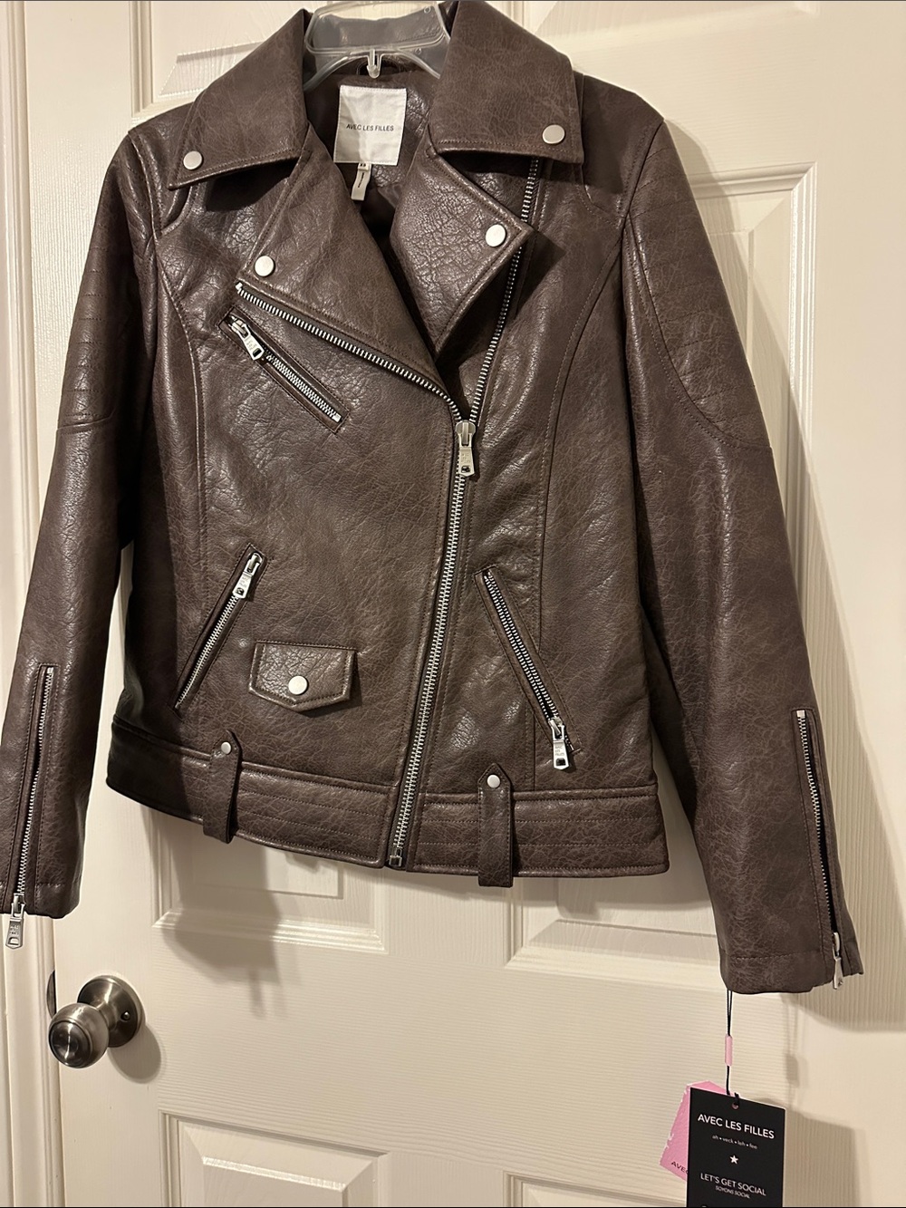 Avec Les Filles Dark Brown Oversized Faux Leather Moto Jacket